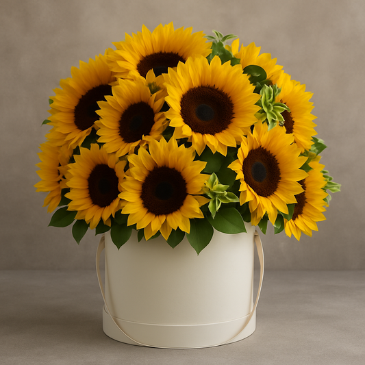 Arrangement of sunflowers with a white box