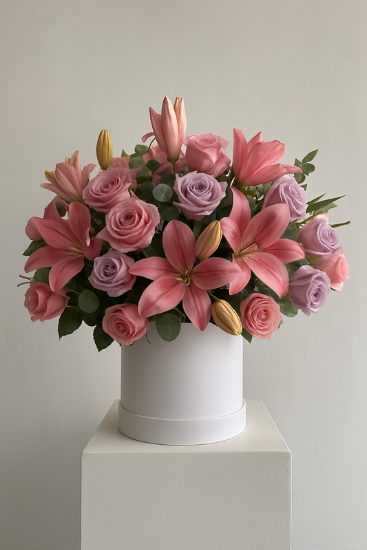 Floral arrangement in a box with lilies and pink roses